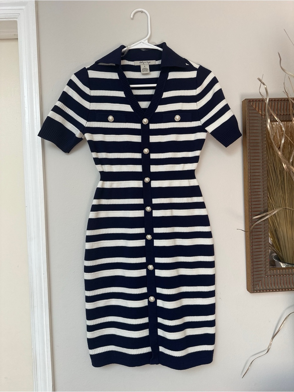 Striped Navy & White Polo-Style Knit Dress with Pearl Buttons